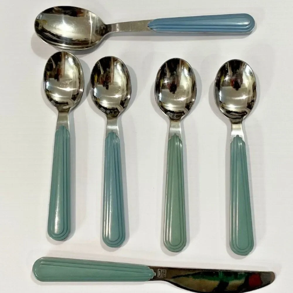 6 Pieces Vintage Blue Jazz Korea Stainless Steel Flatware Spoons Knife